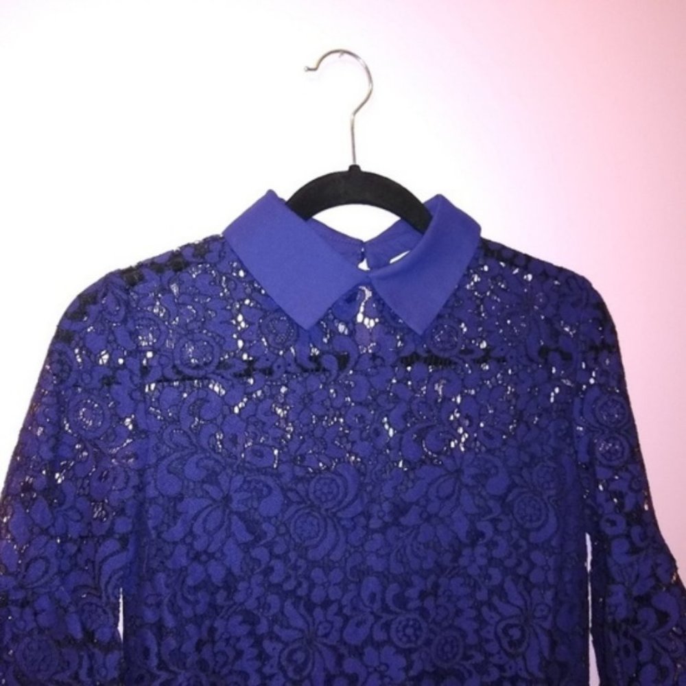 Boutique French Lace Navy Blue Collar Shift Dress - Picture 5 of 8